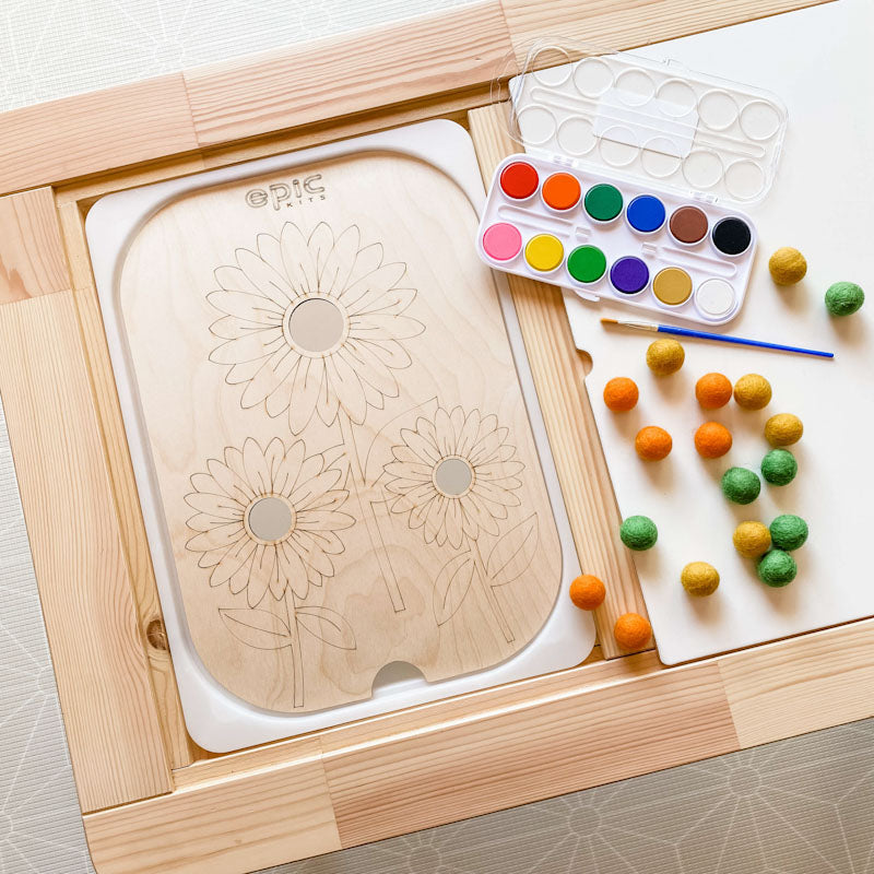 epic-kits-small-world-sensory-play-ideas-toddler-play-ikea-flisat-table-trofast-insert-felt-balls-flisat-table-inserts-australia-flisat-trofast-tub-inserts-sunflower-watercolour-paint-palette
